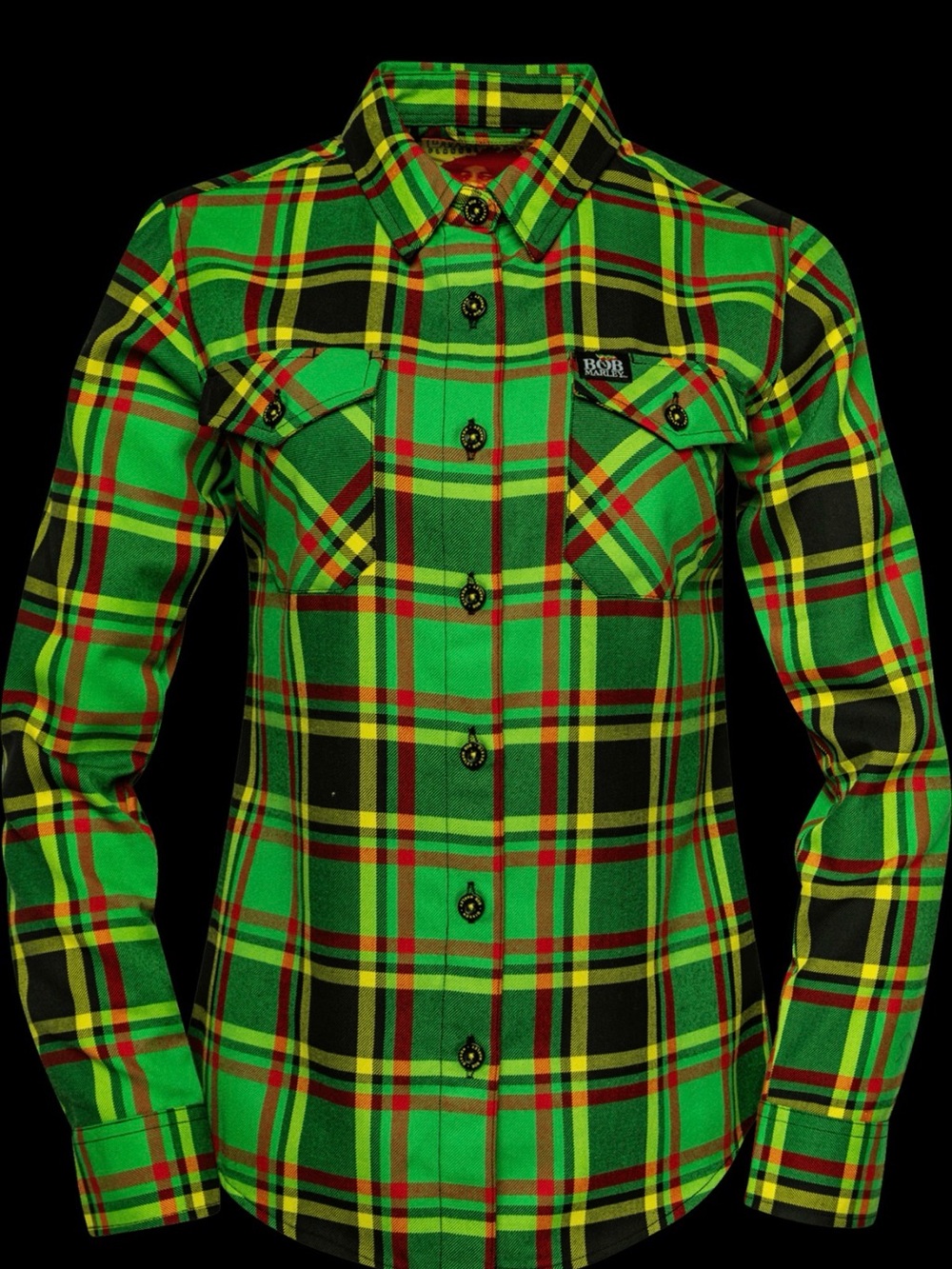DIXXON BOB MARLEY Green Plaid Button-Down Shirt with Red & Yellow Accents